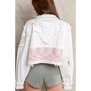 NWT POL Clothing Paint Splatter Denim Jacket Knit and Stud Details Ivory Small